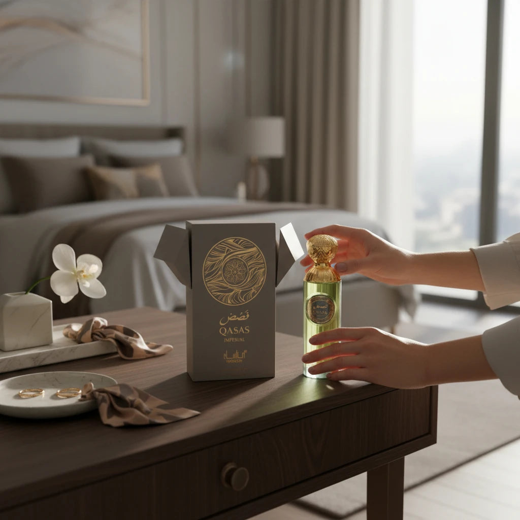 Perfume Qasas Imperial 100 ml - Manasik. Majestic and elegant oriental fragrance with herbal aromatic touches, spicy nuances, delicate floral notes, and a woody base.