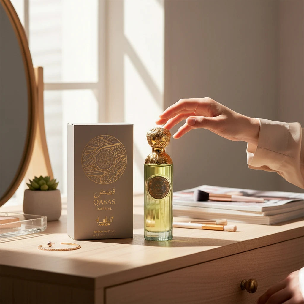Perfume Qasas Imperial 100 ml - Manasik. Majestic and elegant oriental fragrance with herbal aromatic touches, spicy nuances, delicate floral notes, and a woody base.