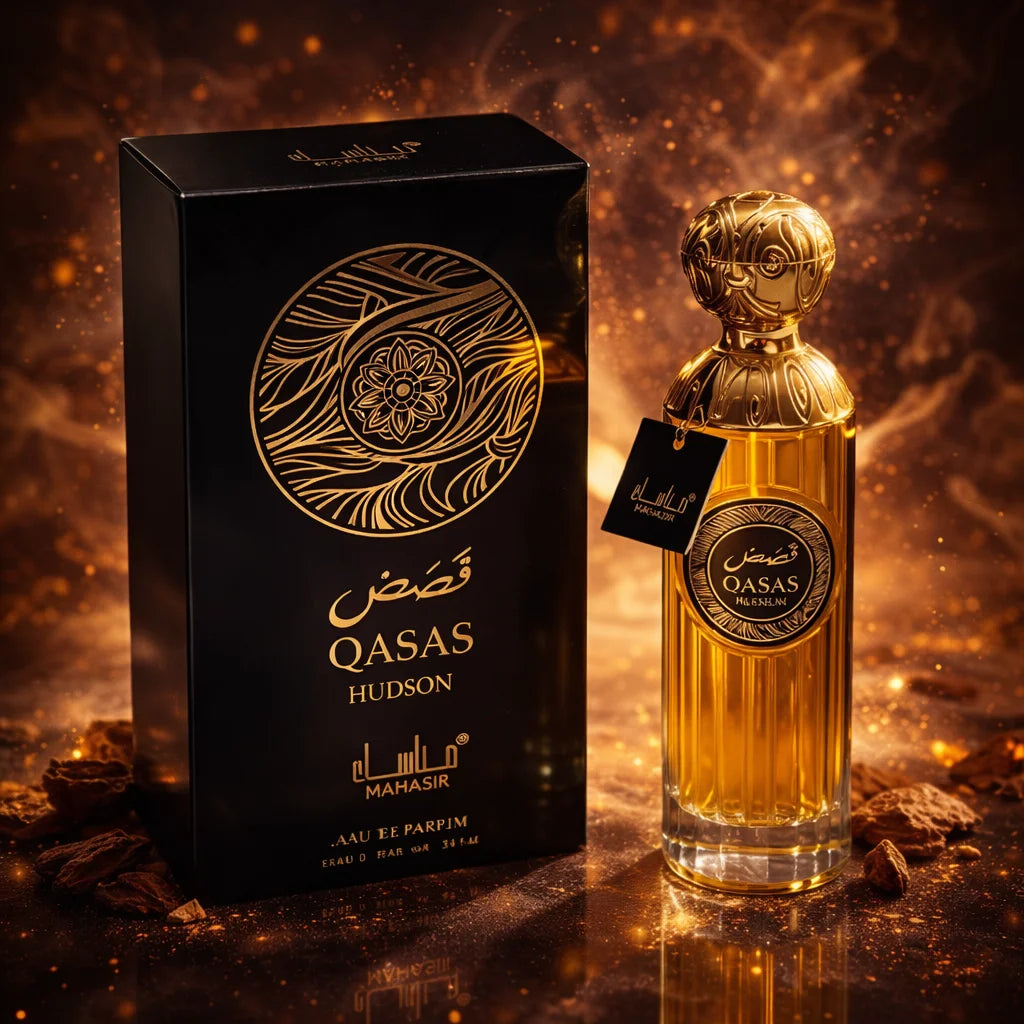Perfume Qasas Hudson 100 ml - Manasik. Oriental fragrance, aromatic and intense, with woody notes of cedar, fresh citrus nuances, floral touches, and a warm base.