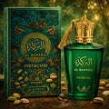 Perfume Al Baraka Pistachio 100 ml - Manasik. Oriental gourmand fragrance with sweet and creamy notes of pistachio, woody nuances, and a warm base.