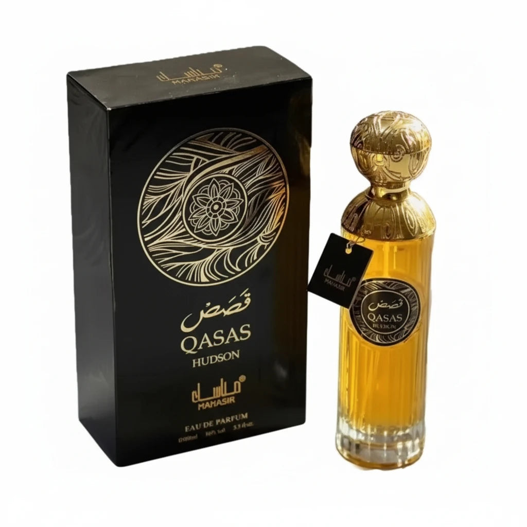 Perfume Qasas Hudson 100 ml - Manasik. Oriental fragrance, aromatic and intense, with woody notes of cedar, fresh citrus nuances, floral touches, and a warm base.