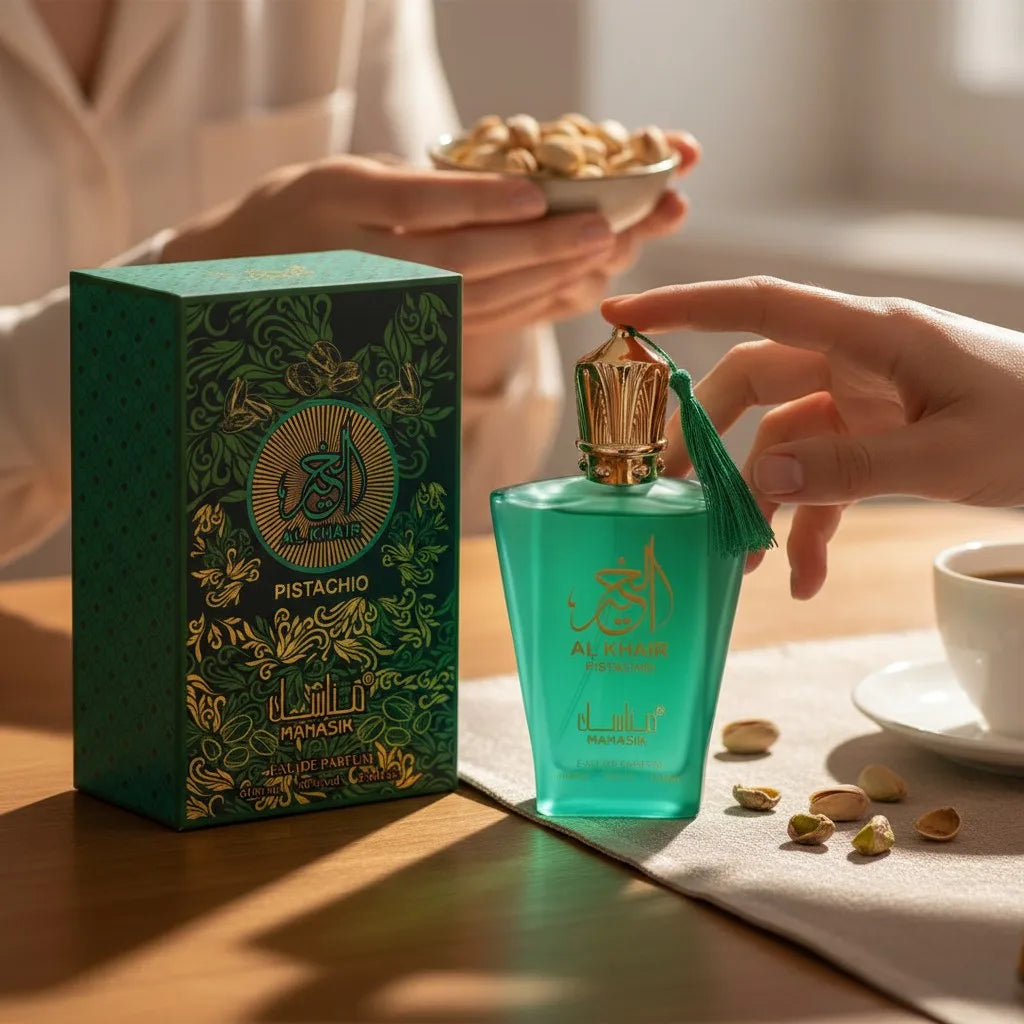 Perfume Al Baraka Pistachio 100 ml - Manasik. Oriental gourmand fragrance with sweet and creamy notes of pistachio, woody nuances, and a warm base.