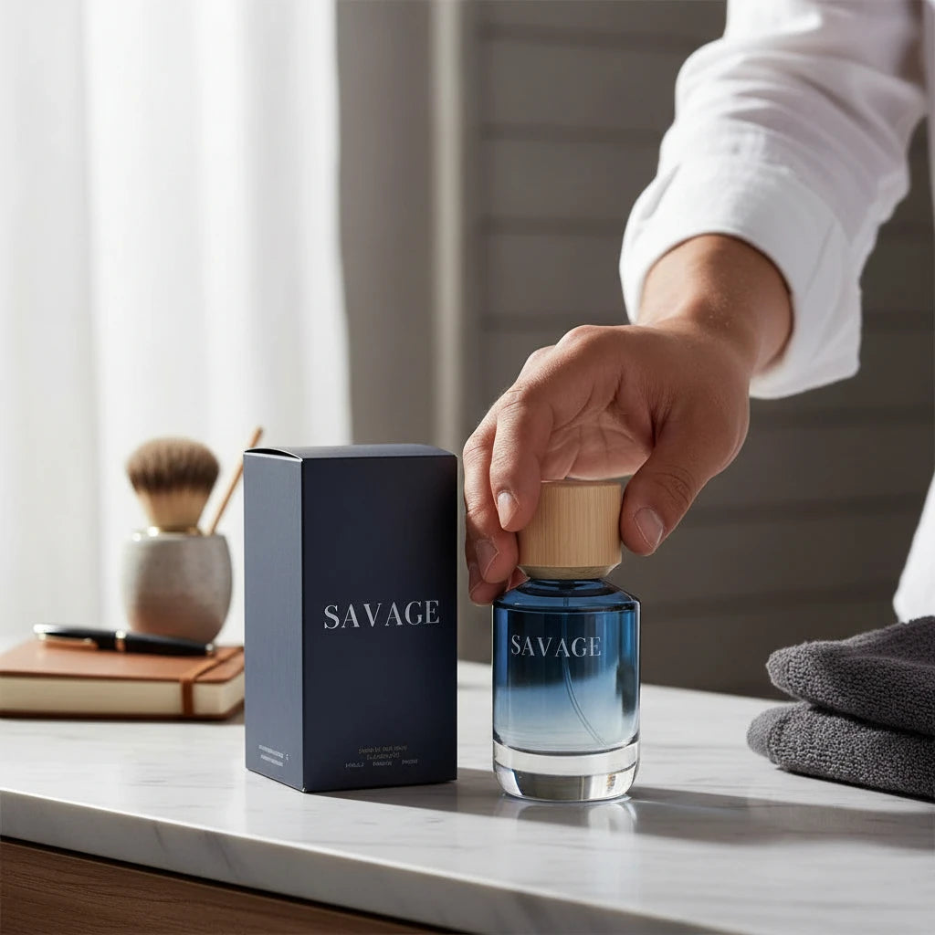 Savage Perfume 50 Ml. Fresh Masculine Fragrance with Citrus Notes of Calabrian Bergamot, Aromatic Notes of Pepper and Lavender, and an Intense Woody Base of Ambroxan and Cedar.