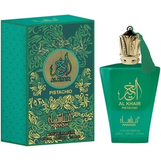 Perfume Al Baraka Pistachio 100 ml - Manasik. Oriental gourmand fragrance with sweet and creamy notes of pistachio, woody nuances, and a warm base.