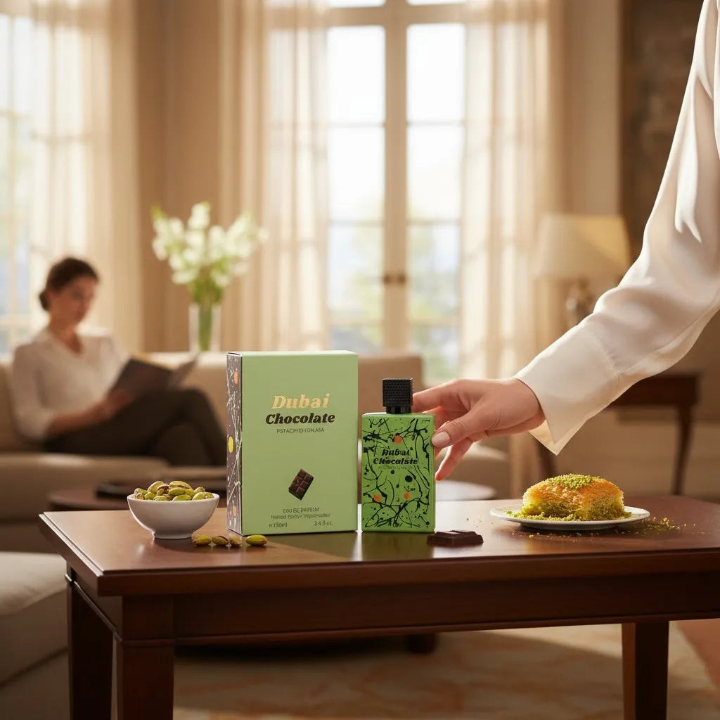 Dubai Chocolate Pistachio Kunafa Eau de Parfum 100 ml - Fragrance Couture. Gourmand fragrance with notes of chocolate, pistachio, and kunafa, combined with a sweet, creamy, and enveloping base.