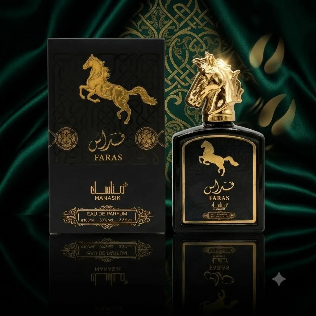 Faras Perfume 100 ml - Manasik. Majestic oriental woody fragrance with lively citrus notes, a patchouli heart, and spicy nuances of coumarin and vanilla.