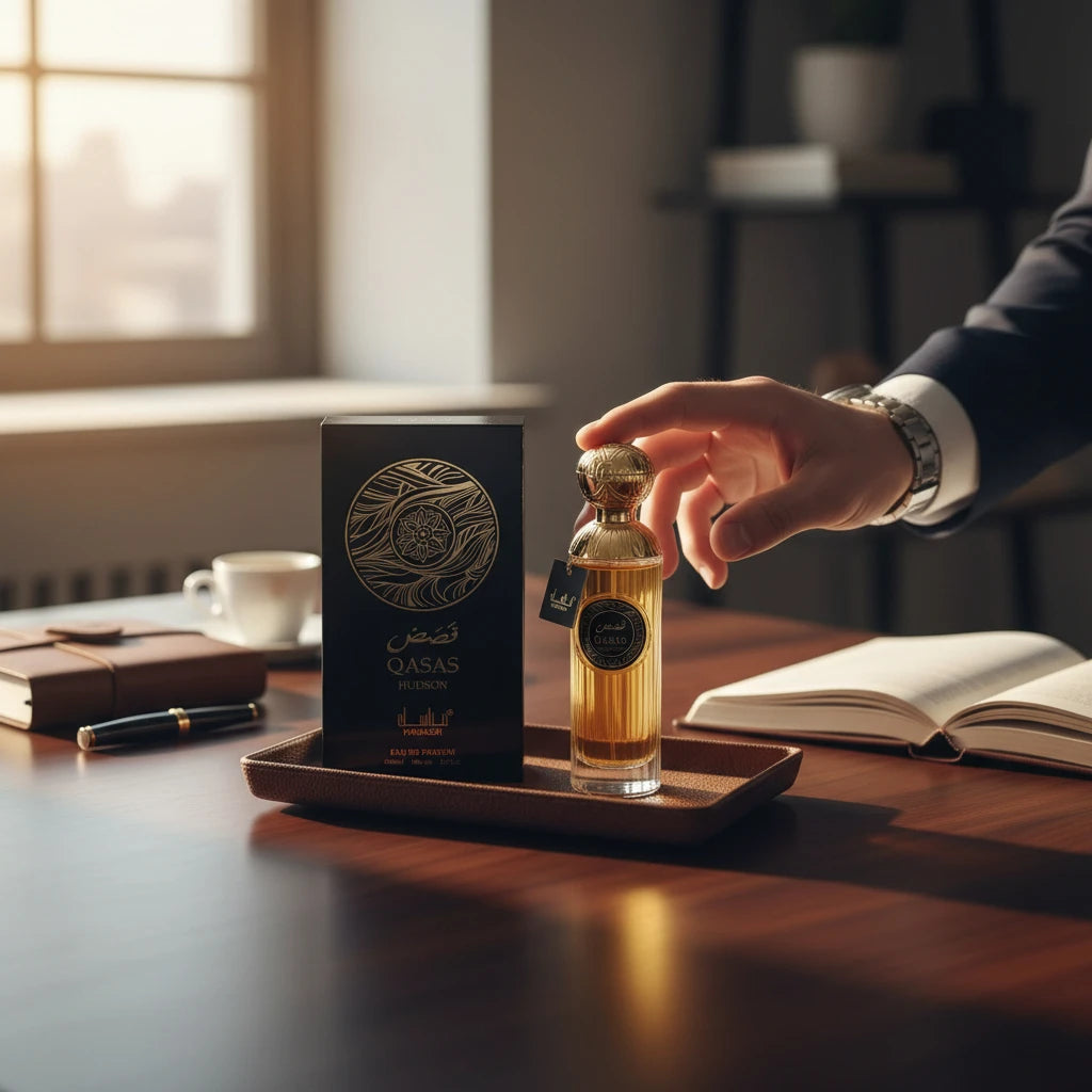 Perfume Qasas Hudson 100 ml - Manasik. Oriental fragrance, aromatic and intense, with woody notes of cedar, fresh citrus nuances, floral touches, and a warm base.