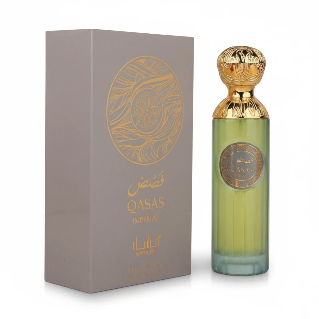 Perfume Qasas Imperial 100 ml - Manasik. Majestic and elegant oriental fragrance with herbal aromatic touches, spicy nuances, delicate floral notes, and a woody base.
