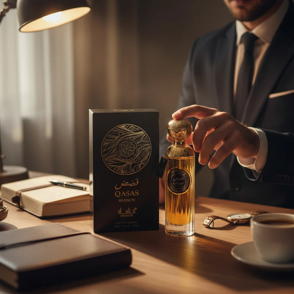 Perfume Qasas Hudson 100 ml - Manasik. Oriental fragrance, aromatic and intense, with woody notes of cedar, fresh citrus nuances, floral touches, and a warm base.