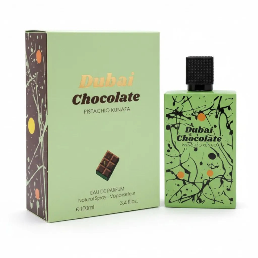 Dubai Chocolate Pistachio Kunafa Eau de Parfum 100 ml - Fragrance Couture. Gourmand fragrance with notes of chocolate, pistachio, and kunafa, combined with a sweet, creamy, and enveloping base.