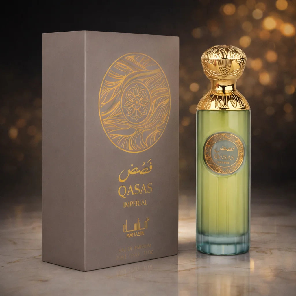 Perfume Qasas Imperial 100 ml - Manasik. Majestic and elegant oriental fragrance with herbal aromatic touches, spicy nuances, delicate floral notes, and a woody base.