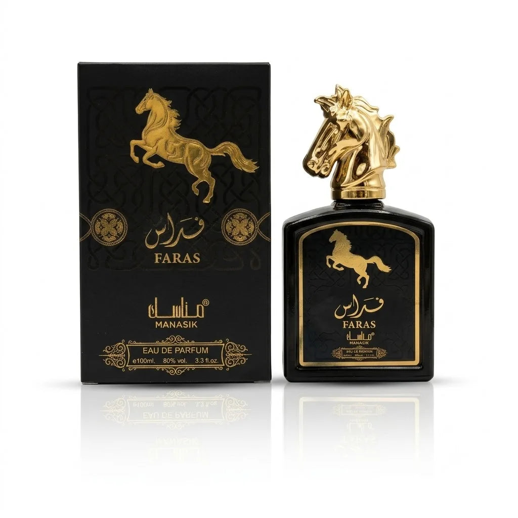 Faras Perfume 100 ml - Manasik. Majestic oriental woody fragrance with lively citrus notes, a patchouli heart, and spicy nuances of coumarin and vanilla.