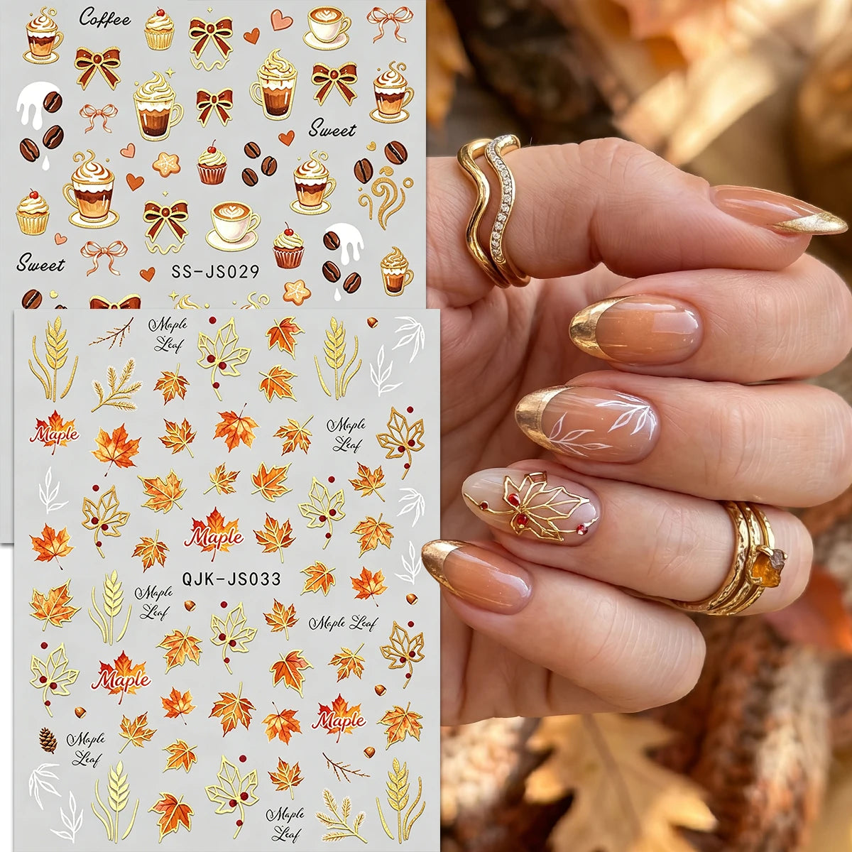 Metallic Autumn Nail Art Decals, Cute Fox Squirrel Hedgehog Maple Leaf Patterns, Retro Orange Gold Fall Theme