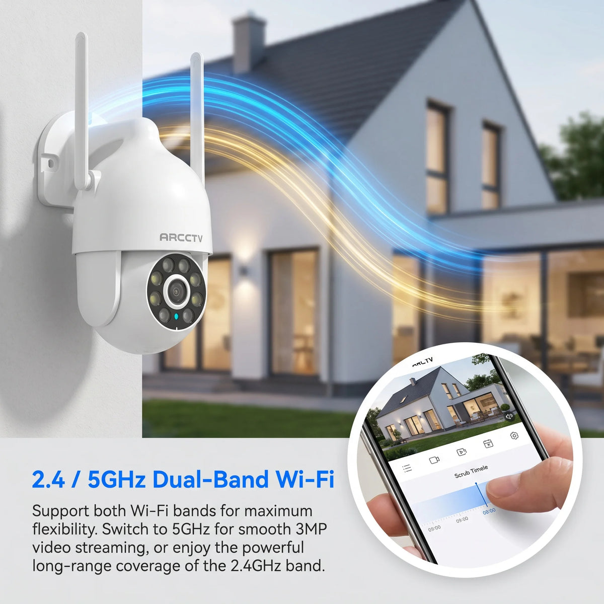 ARCCTV 1296P Wifi Security Camera Outdoor 24/7 HD Recording Surveillance Camera Color Night Vision Auto Tracking Two Way Audio