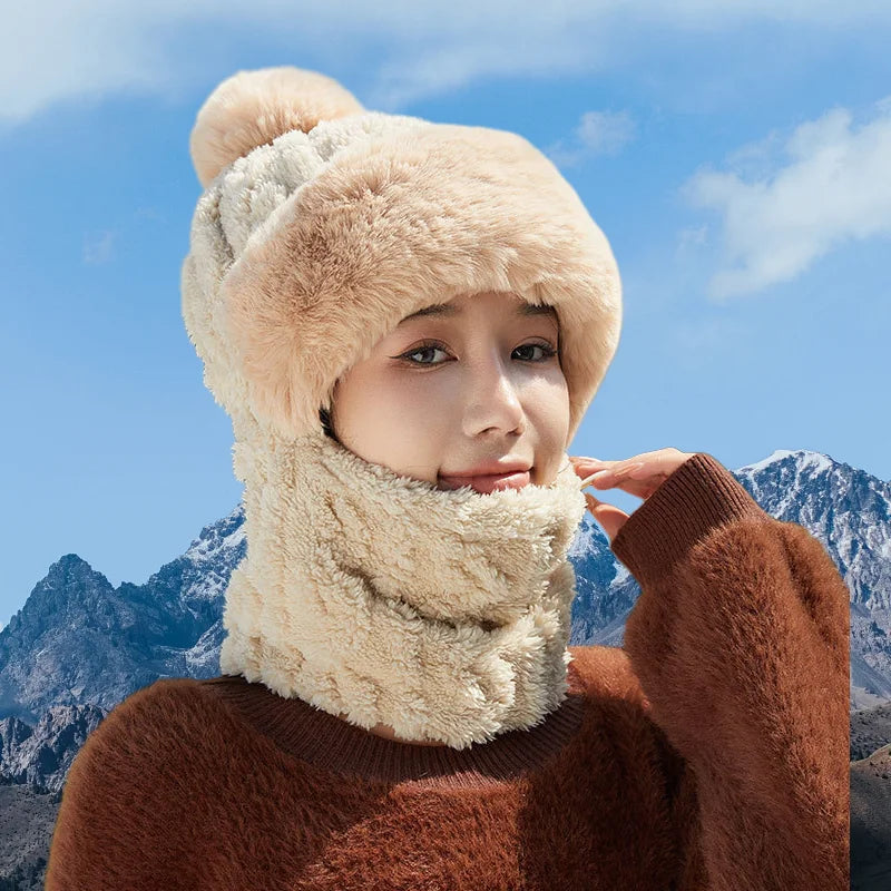 Women's Winter Plush Hat with Integrated Scarf and Mask Warm Fleece Lined Thermal Hooded Balaclava Outdoor Activities