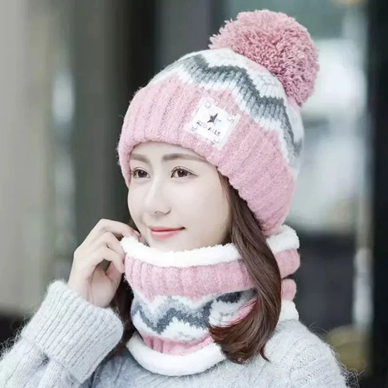 2PCS Winter Women Plush Velvet Hats Neck Warmer Hat Scarf Set Beanies Cycling Windproof Hat Outdoor Ear Protection