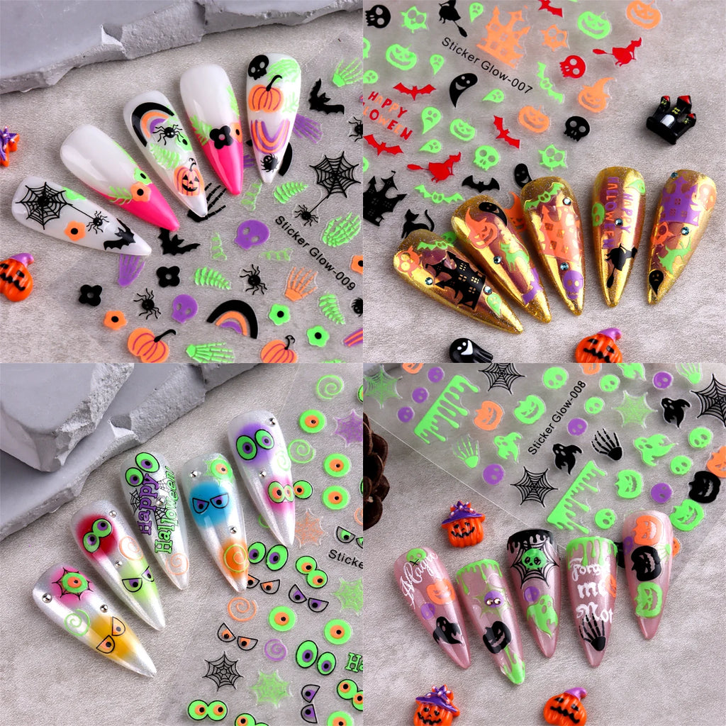 Glow In The Dark Halloween Nail Stickers, Minimalist Line Art Pumpkin Ghost Spider Bat Self-Adhesive Luminous Nail Decals