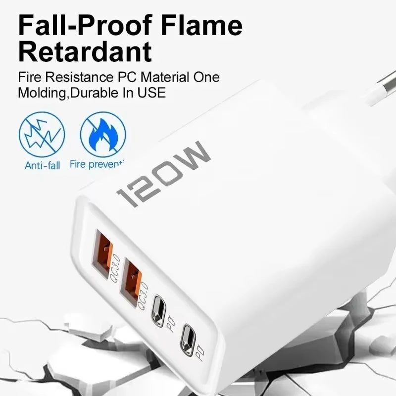 4 Port 120W USB C Fast Charger Station PD QC3.0 Wall Adapter Data Cable For iPhone Samsung Xiaomi Huawei EU US UK Plug Travel