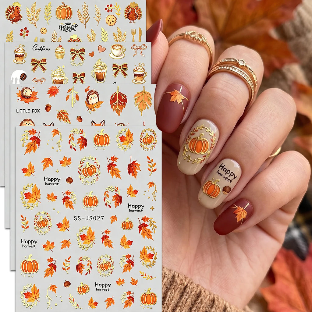 Metallic Autumn Nail Art Decals, Cute Fox Squirrel Hedgehog Maple Leaf Patterns, Retro Orange Gold Fall Theme