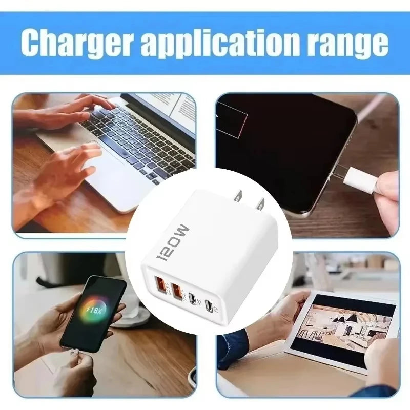 4 Port 120W USB C Fast Charger Station PD QC3.0 Wall Adapter Data Cable For iPhone Samsung Xiaomi Huawei EU US UK Plug Travel