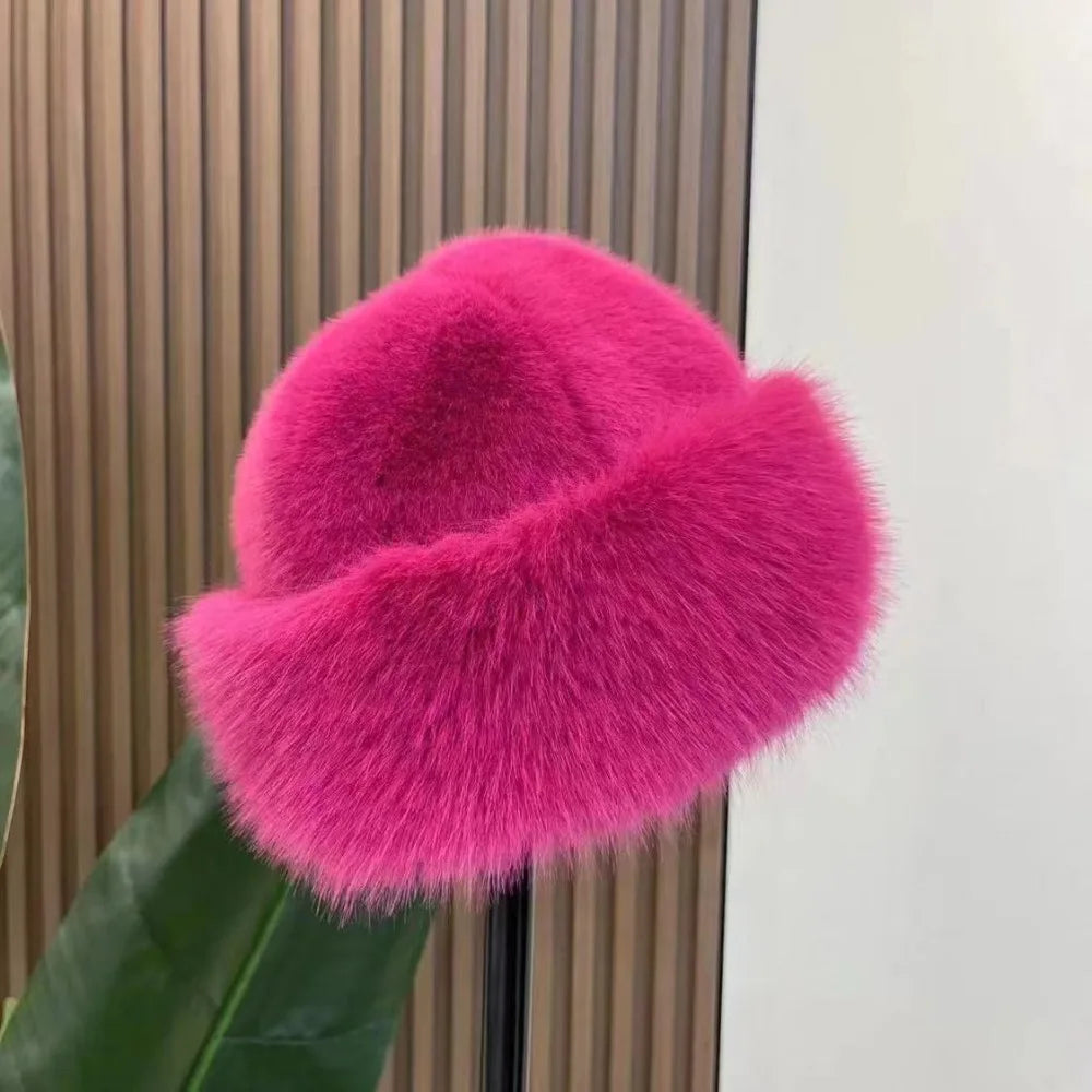 Warm Women's Winter Hat Fluffy Fur Bucket Hat For Women Plush Fisherman Hat Thicken Cold Snowy Day Panama Cap