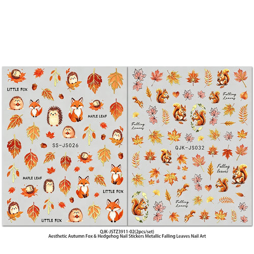 Metallic Autumn Nail Art Decals, Cute Fox Squirrel Hedgehog Maple Leaf Patterns, Retro Orange Gold Fall Theme