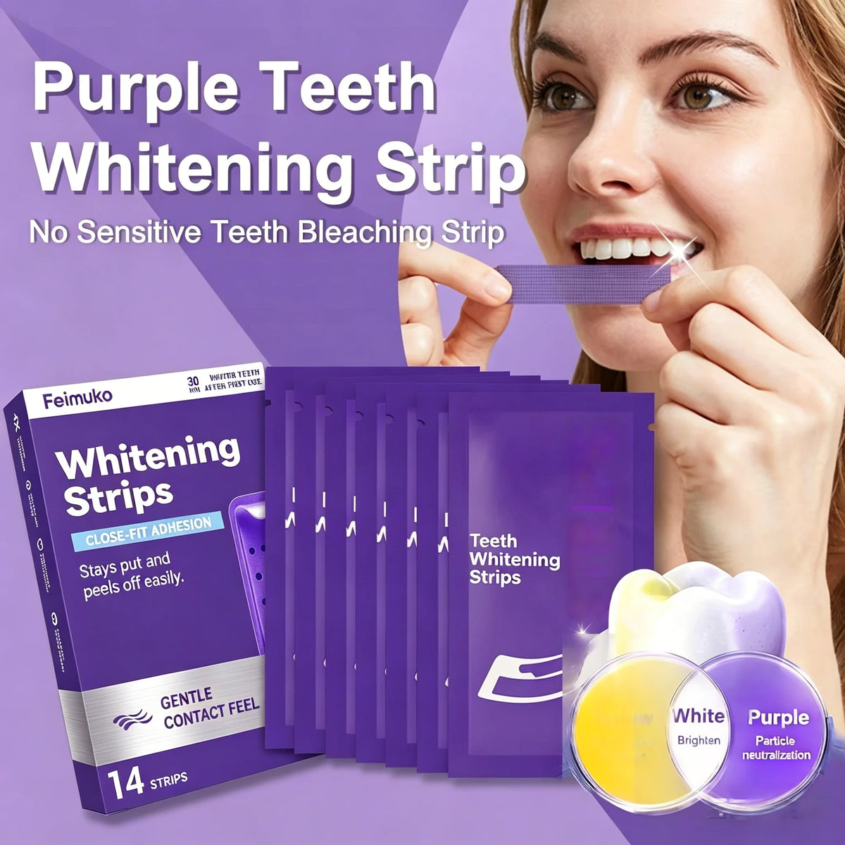 Premium Purple Whitening Strips, Deep Stain Cleaning, Perfect for Sensitive Teeth to Achieve Long-Lasting White Teeth