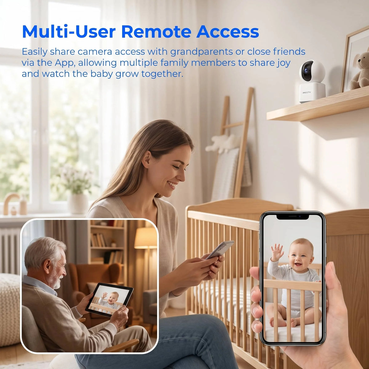 ARCCTV 2K Baby Monitor WiFi Surveillance Camera HD Two Way Talk IR Night Vision Security PT Camera 360° View Automatic Tracking
