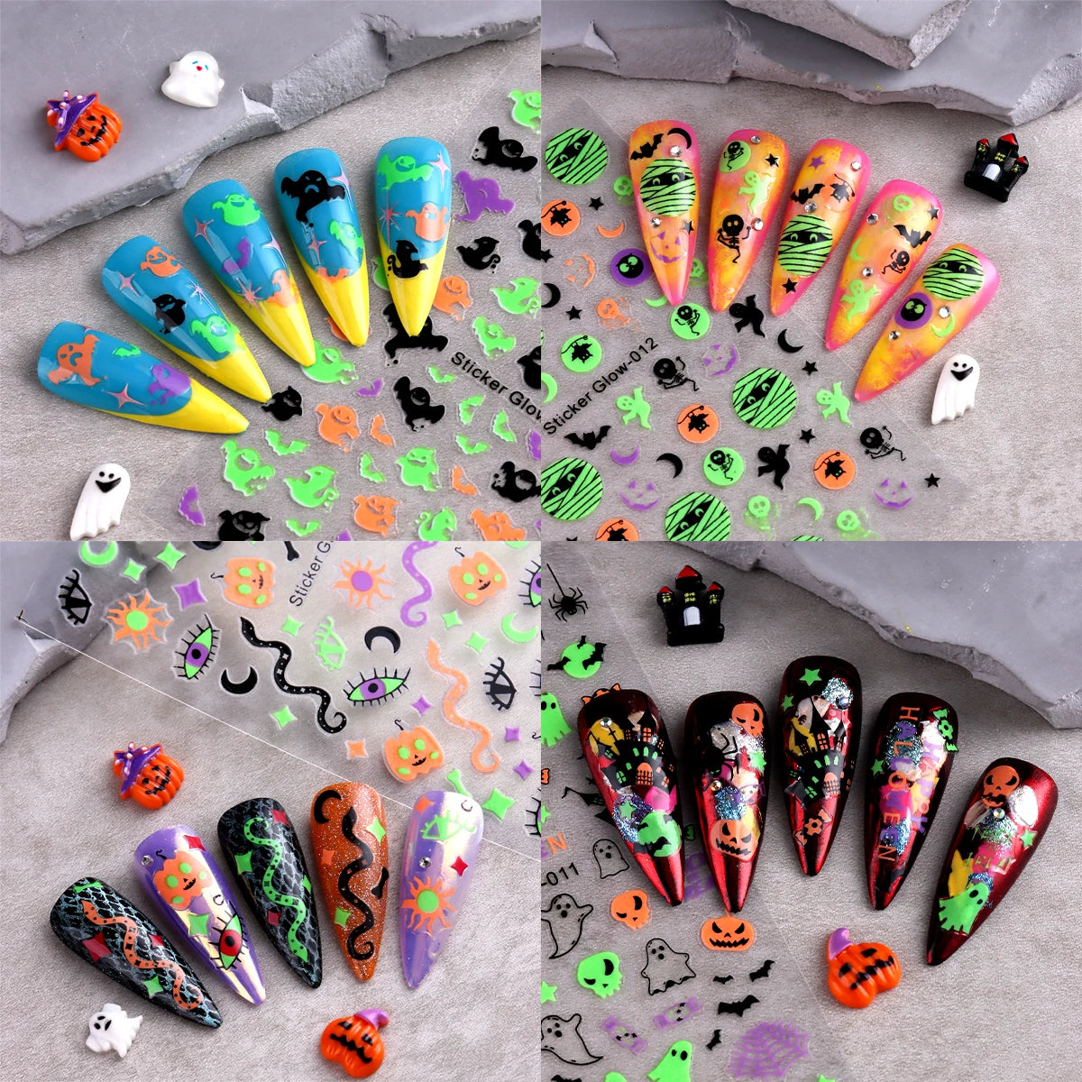 Glow In The Dark Halloween Nail Stickers, Minimalist Line Art Pumpkin Ghost Spider Bat Self-Adhesive Luminous Nail Decals