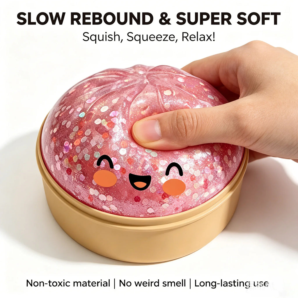 Premium Steamed Bun Squishy Toy – Slow Rising Glitter Stress Ball, Soft Elastic Sensory Squeeze Reliever Home Office Desk Decor