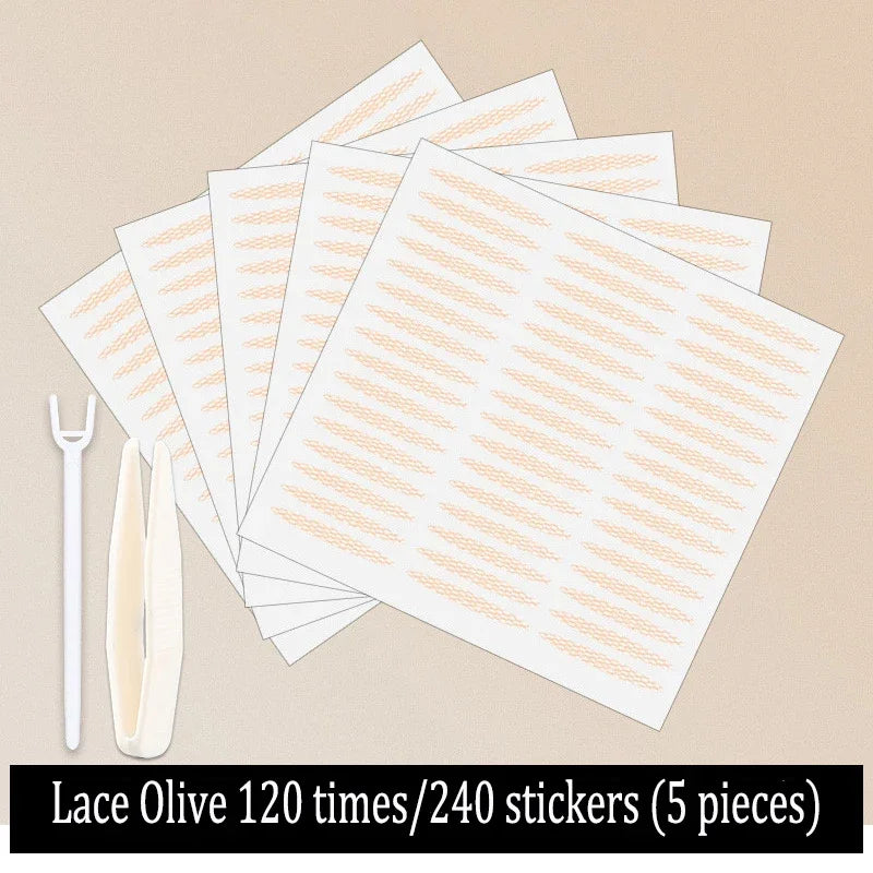240pcs Invisible double-fold eyelid tape, natural lace, transparent Beige stripe Natural eye makeup with tools