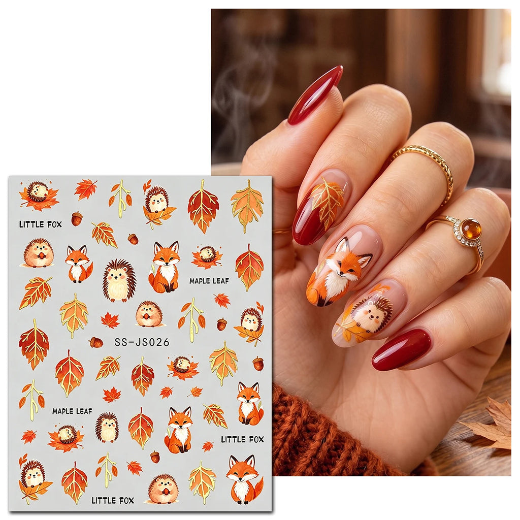 Metallic Autumn Nail Art Decals, Cute Fox Squirrel Hedgehog Maple Leaf Patterns, Retro Orange Gold Fall Theme