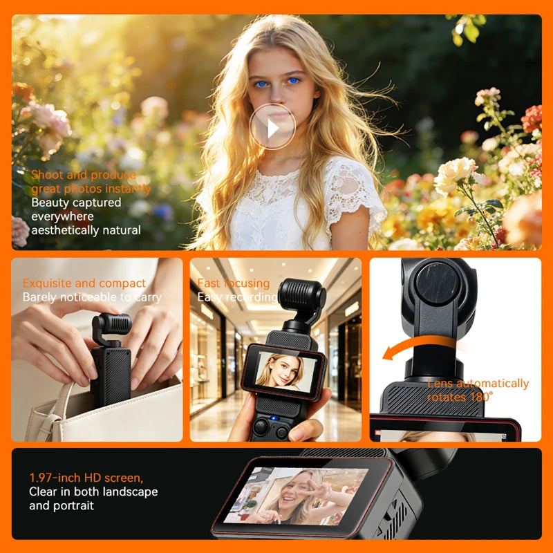 Lenovo Handheld Pocket Action Camera Rotating Lens and Screen Image Stabilization Photo Video Recording Wi-Fi Transfer to Phone