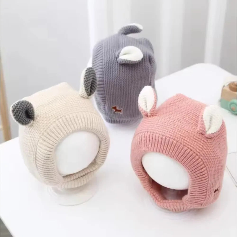 Winter Knit Balaclava Hat for Baby Cute Cartoon One Piece Scarf Cap Kids Thickened Warm Ear Protection Woolen Beanies Caps