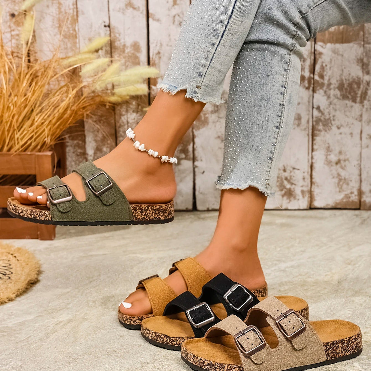 Women's Summer and Spring/Autumn Casual Simple Buckle Cork-Patterned Adjustable Pu Upper Flat Slip-On Double-Strap Sandals Beach Slippers for Home and Outdoor Use