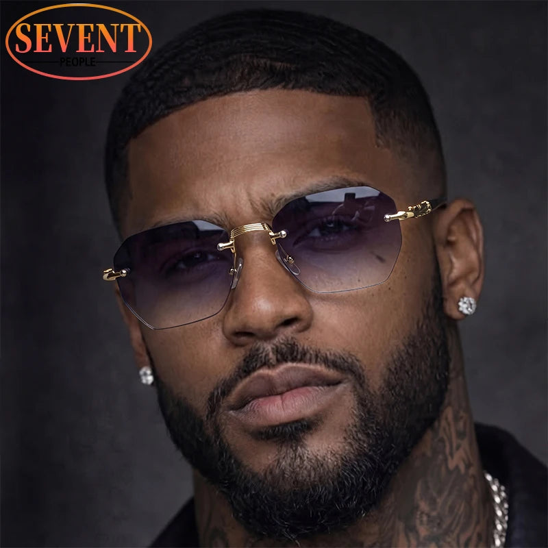 Steampunk Rimless Square Sunglasses Men 2026 Luxury Designer Vintage Metal Polygon Outdoor Sun Glasses Male Frameless Shades