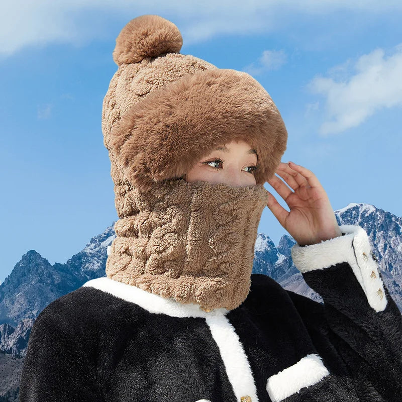 Women's Winter Plush Hat with Integrated Scarf and Mask Warm Fleece Lined Thermal Hooded Balaclava Outdoor Activities