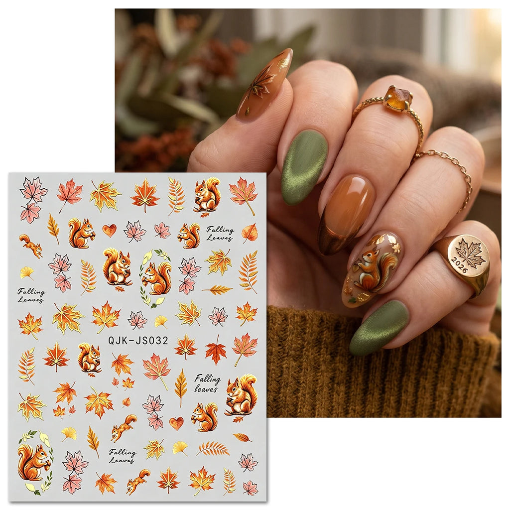 Metallic Autumn Nail Art Decals, Cute Fox Squirrel Hedgehog Maple Leaf Patterns, Retro Orange Gold Fall Theme