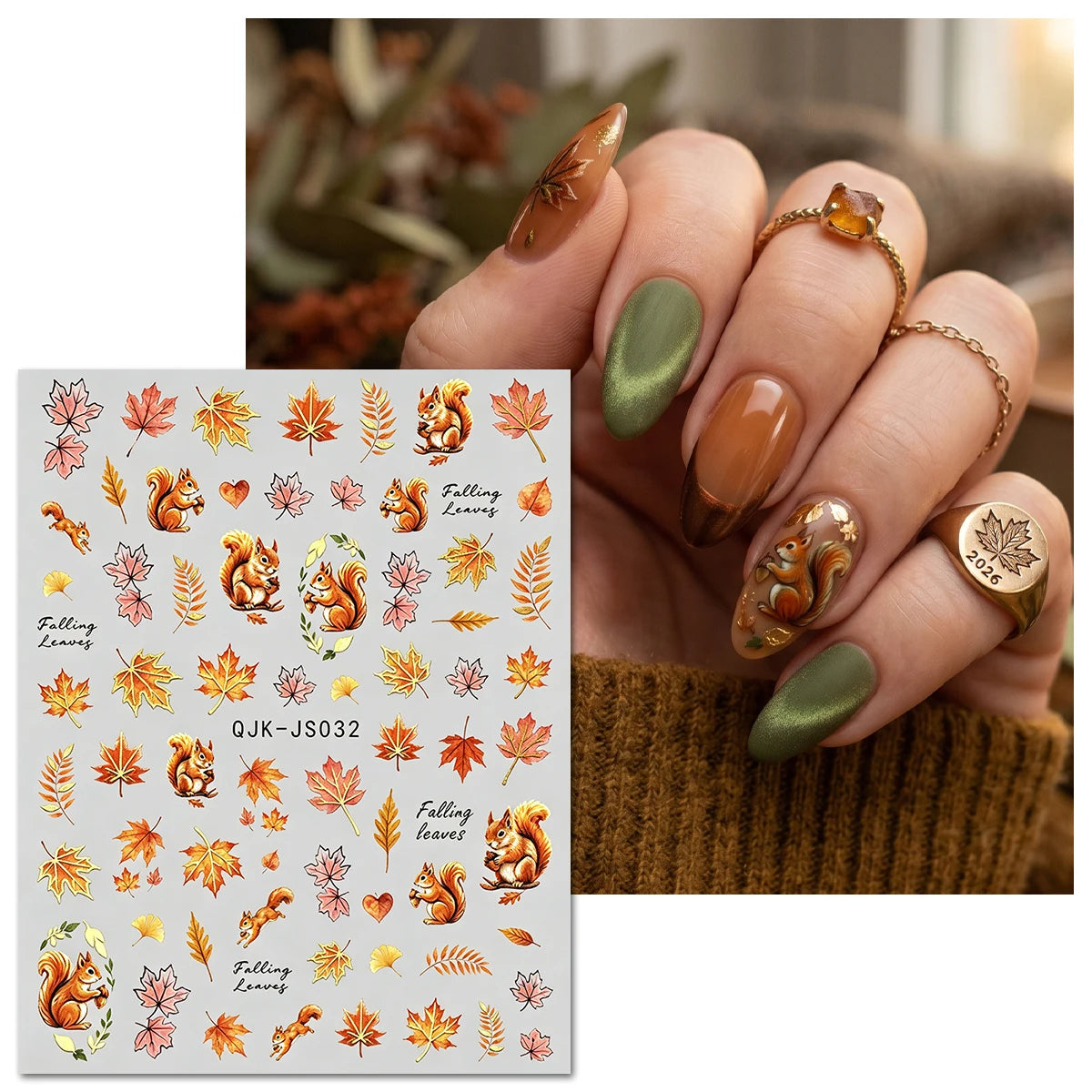 Metallic Autumn Nail Art Decals, Cute Fox Squirrel Hedgehog Maple Leaf Patterns, Retro Orange Gold Fall Theme