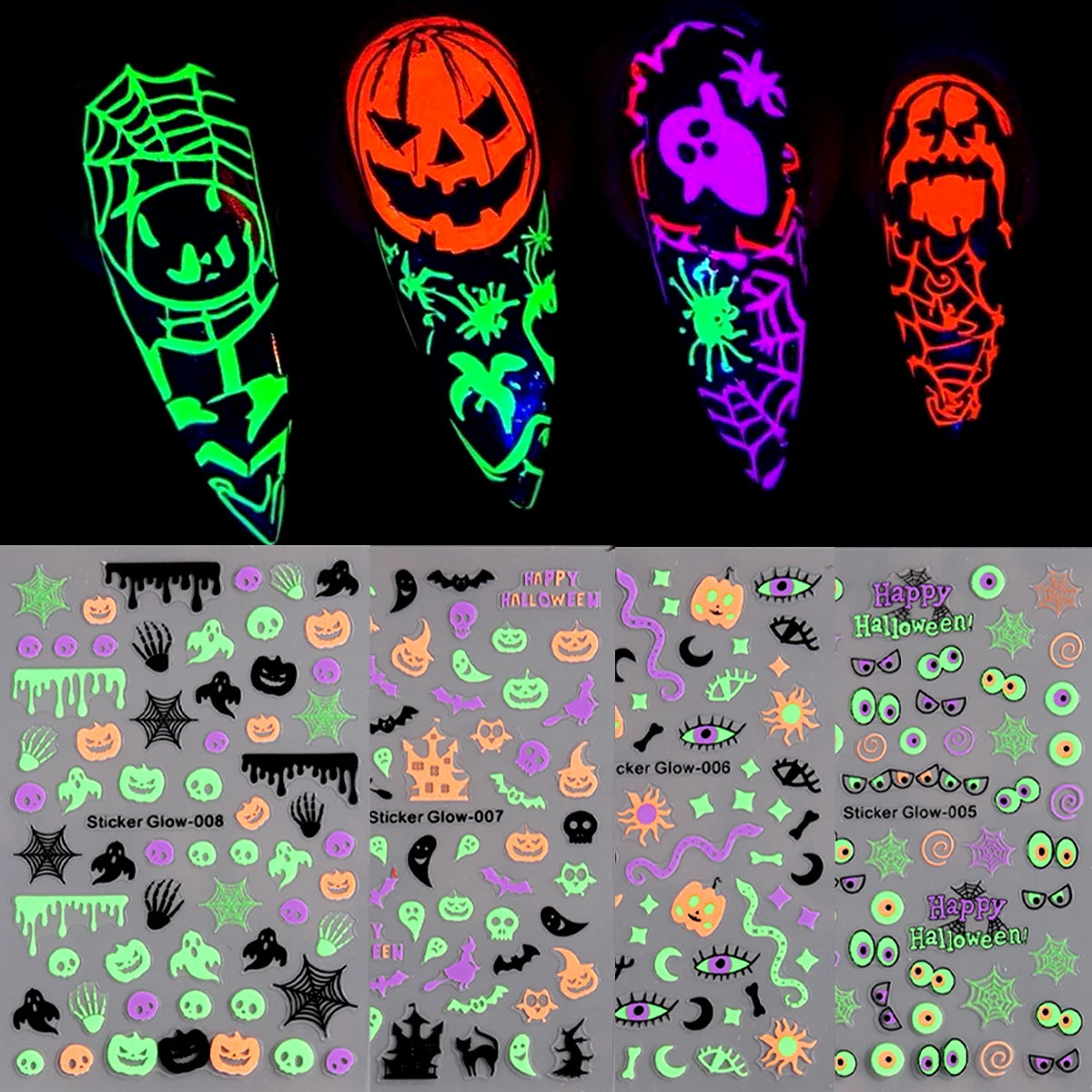 Glow In The Dark Halloween Nail Stickers, Minimalist Line Art Pumpkin Ghost Spider Bat Self-Adhesive Luminous Nail Decals