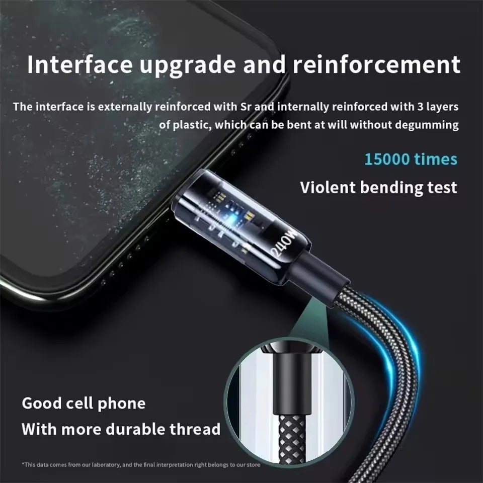 240W Dual Charging Line Type-C USB C To Type C Cable Fast Charging Nylon Braided TypeC Data Cord for Samsung Huawei Mi Laptop
