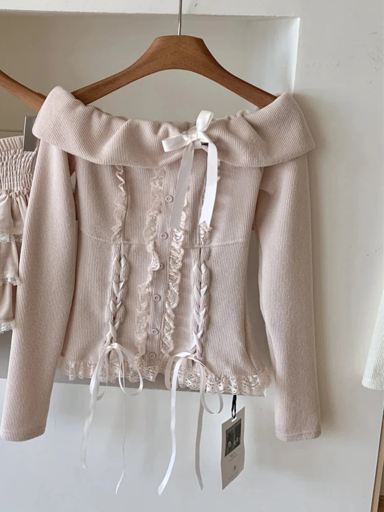 Autumn Winter Korean Fashion Sweet 2 Piece Set Women Off Shoulder Tops+ Fluffy Skirt New Pure Desire Chic Y2k Fairy Outfits 2025