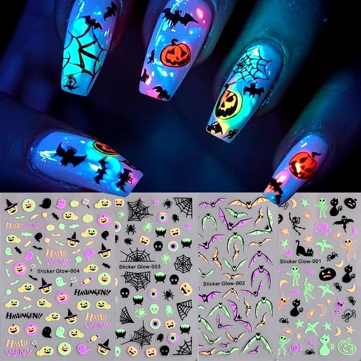 Glow In The Dark Halloween Nail Stickers, Minimalist Line Art Pumpkin Ghost Spider Bat Self-Adhesive Luminous Nail Decals