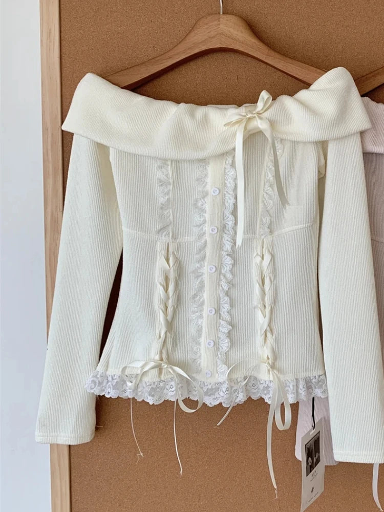 Autumn Winter Korean Fashion Sweet 2 Piece Set Women Off Shoulder Tops+ Fluffy Skirt New Pure Desire Chic Y2k Fairy Outfits 2025