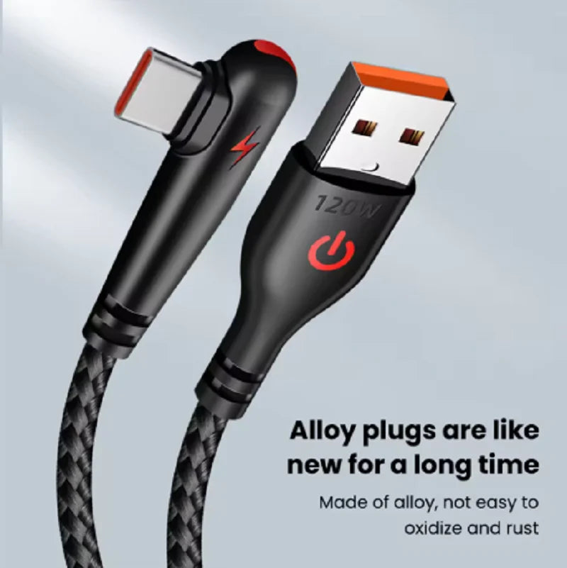 120W USB To Type-C Fast Charging Cable 90Degree Elbow Design Nylon Braided Mobile Phone Data Cord For Huawei oppo Xiaomi Samsung