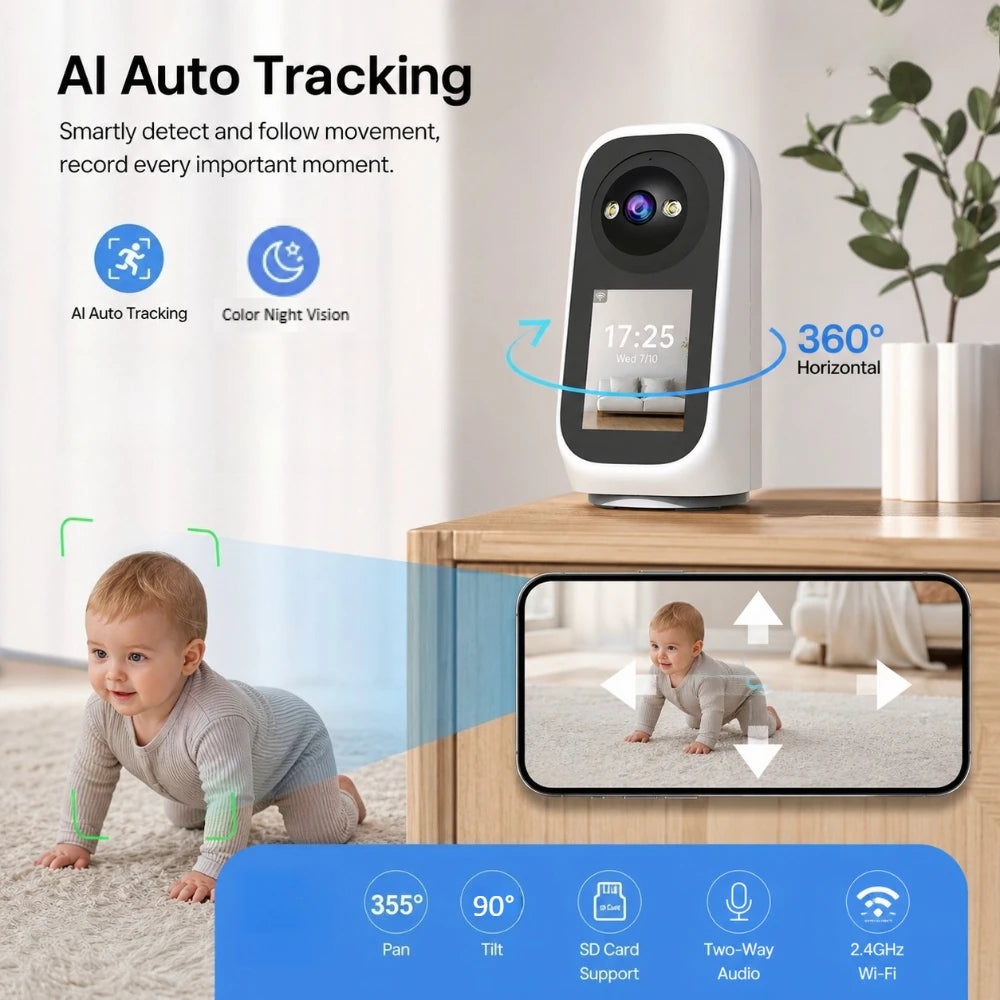 Jooan 3K PTZ IP Camera Video Call with 2.8Inch LED Screen Baby Cry Sound Detection Security Camera AI Tracking Baby Monitor