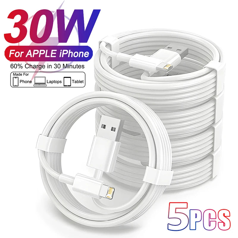 1-5Pcs 30W Fast Charging USB Cables For iPhone 13 11 12 14 Pro XS Max X XR 7 8 Plus SE Original Data Cable PD Quick Charger Cord