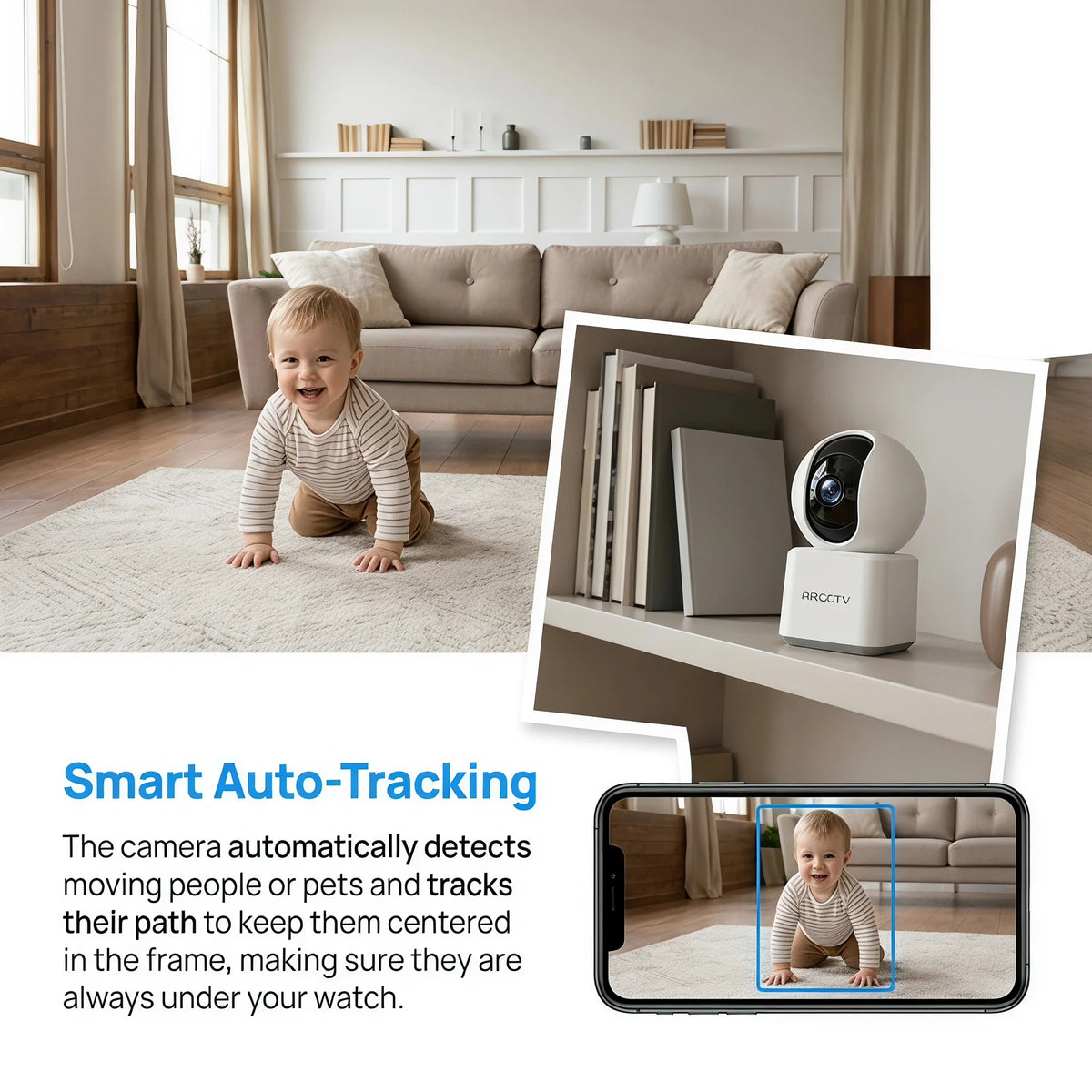 ARCCTV 2K Baby Monitor WiFi Surveillance Camera HD Two Way Talk IR Night Vision Security PT Camera 360° View Automatic Tracking
