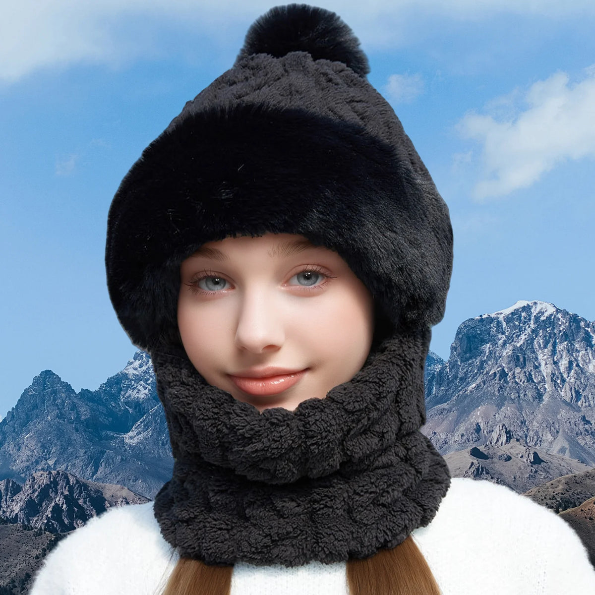 Women's Winter Plush Hat with Integrated Scarf and Mask Warm Fleece Lined Thermal Hooded Balaclava Outdoor Activities
