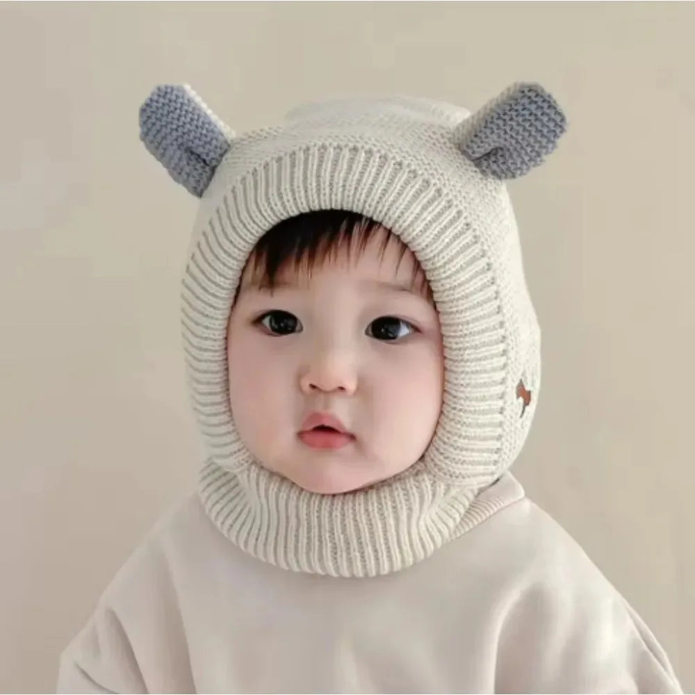 Winter Knit Balaclava Hat for Baby Cute Cartoon One Piece Scarf Cap Kids Thickened Warm Ear Protection Woolen Beanies Caps